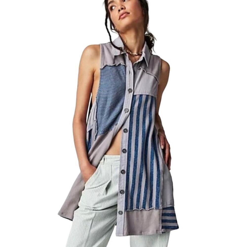 Free People Santana Patched Mini Dress Boho Patchwork Tunic Top size Medium